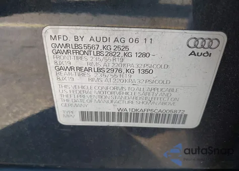 2012 Audi Q5 3.2 Premium Plus z USA, uszkodzony, nr VIN WA1DKAFP5CA005872